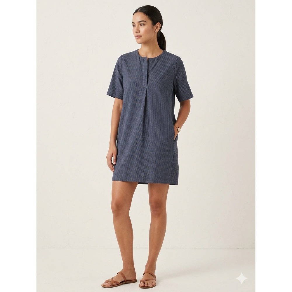 Two Danes Navy Blue Pinstripe Cotton Shift Dress Short Sleeve Pockets Small